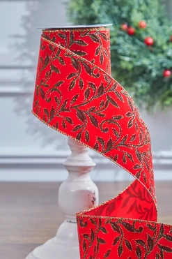 4" x 10 Yard Red Velvet With Vine Wired Ribbon