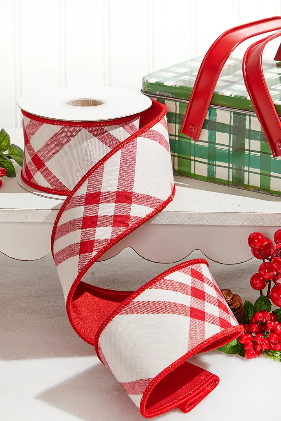 2.5" x 5 Yard Red/White Plaid Tafetta Back Ribbon