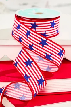 1.5" x 10 Yard Red & White Striped Ribbon with Blue Stars