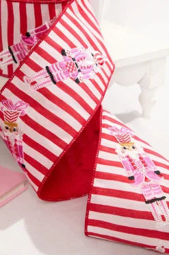 4" x 5 Yard Red & White Stripe with Embroidered Nutcracker Ribbon
