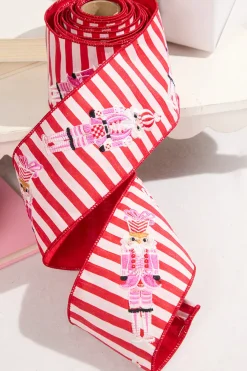 4" x 5 Yard Red & White Stripe with Embroidered Nutcracker Ribbon