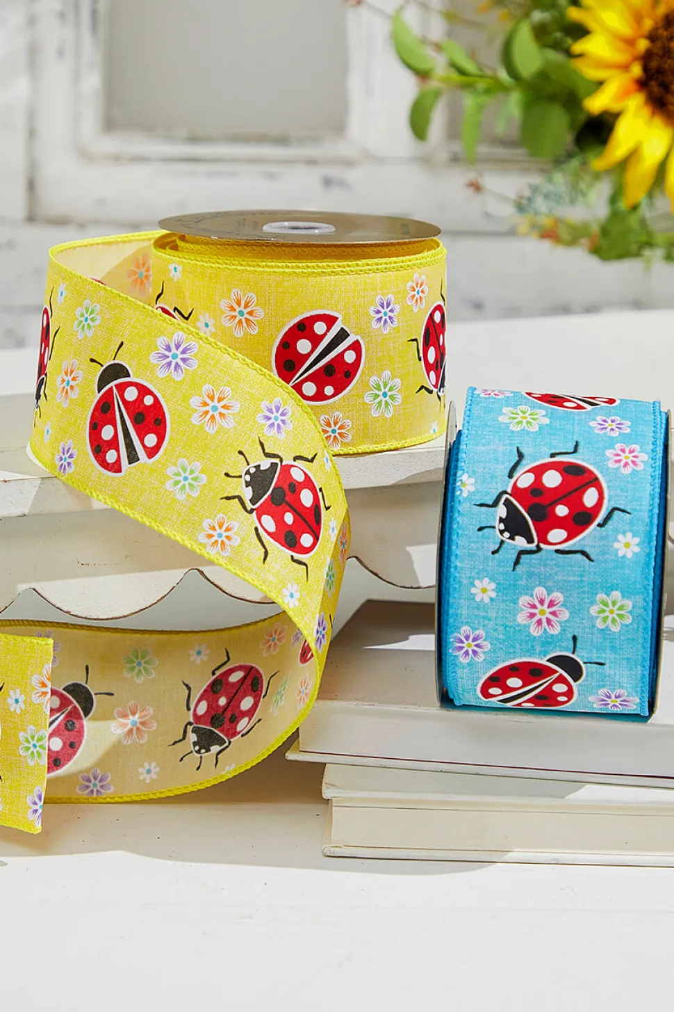 2.5" x 10 Yards Blue Ladybugs Ribbon
