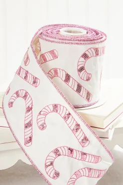 4" x 5 Yard Sequin Embroidered Pink Candy Cane Ribbon