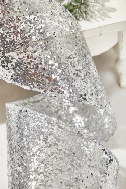 4" x 10 Yard Silver Glitter Wired Ribbon