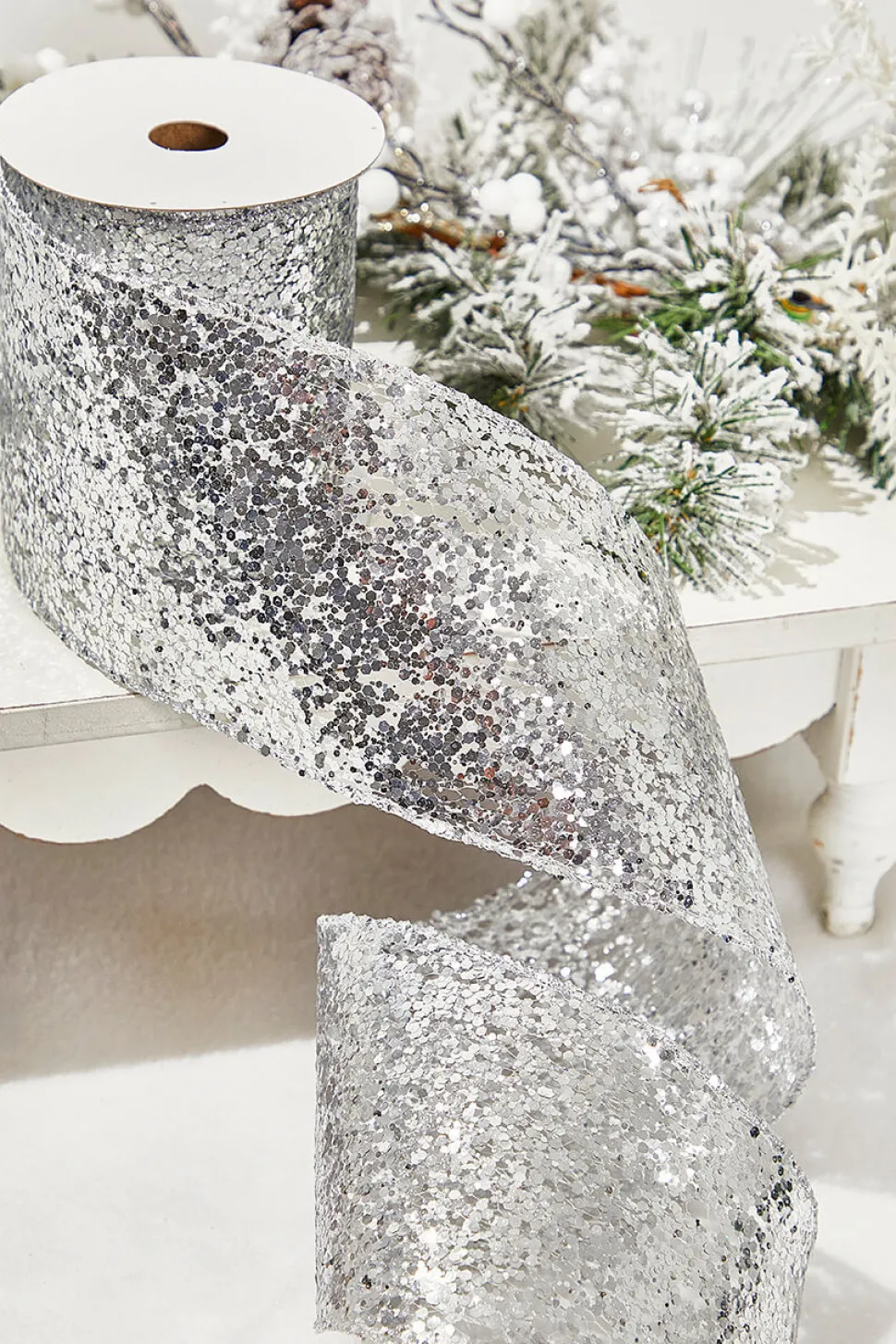 4" x 10 Yard Silver Glitter Wired Ribbon