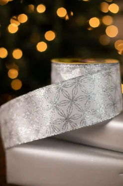 2.5" x 10 Yard Silver Snowflakes on White Ribbon