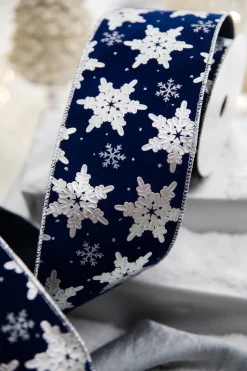 4” x 10 Yard Snowflake On Blue Velvet Ribbon