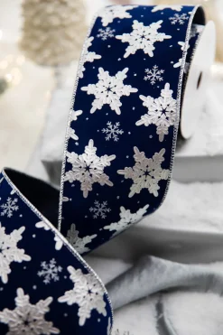 4” x 10 Yard Snowflake On Blue Velvet Ribbon