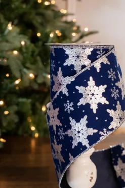 4” x 10 Yard Snowflake On Blue Velvet Ribbon