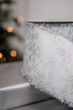 4" x 5 Yard Snowflake Sparkle Print Dupion Ribbon