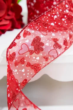 2.5" x 10 Yards Red Glitter Heart Sheer Red Ribbon