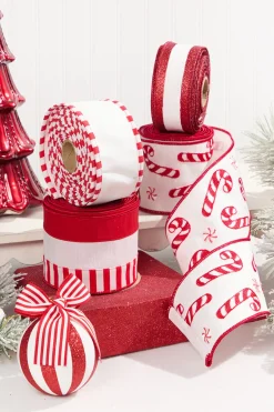 2.5" x 10 Yard White Dupioni with Red Glitter Stripe Ribbon