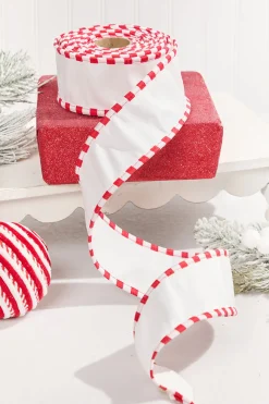 2.5" x 10 Yard White Dupioni with Red & White Piping Ribbon